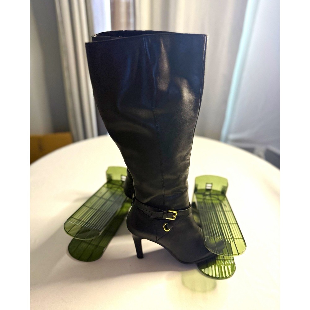 Ralph Lauren Women's Black Leather Knee High Zip Boots Buckle Stiletto Round Toe